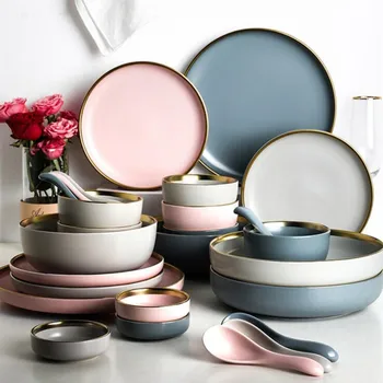 

Solid Color Porcelain Plate Gold Inlay Ceramic Plates Tableware Food Dishes Rice Salad Steak Bowl Soup Dessert Dish Dinnerware