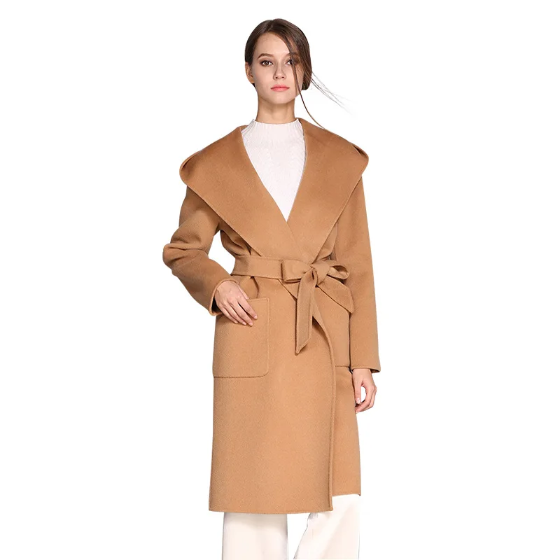 Женское двустороннее кашемировое пальто осенне-зимнее Модное новое длинное шерстяное пальто с капюшоном шерстяное пальто с галстуком на талии