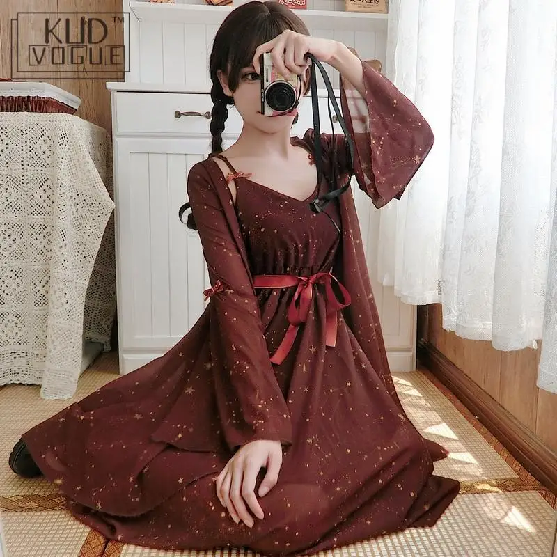 

Lolita Dress+ Starry Sky Coat Japanese Kawaii Two-Piece Set Summer Chiffon Cardigan Sun Protection Clothe Female Cosplay Costume