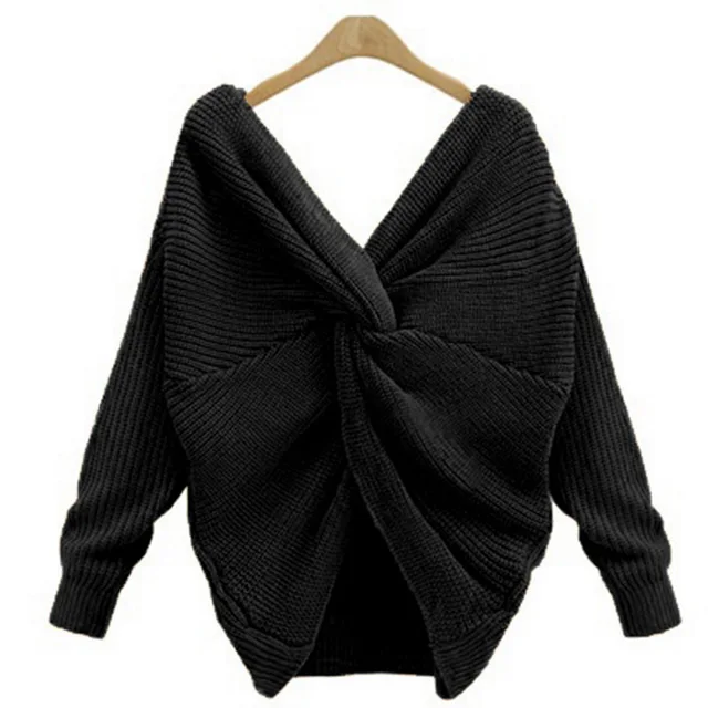 US $37.99 Fashion Womens Winter Sweater Knit Sweater V-neck Long Sleeve Pullovers Back Knitting Solid Sexy Sw