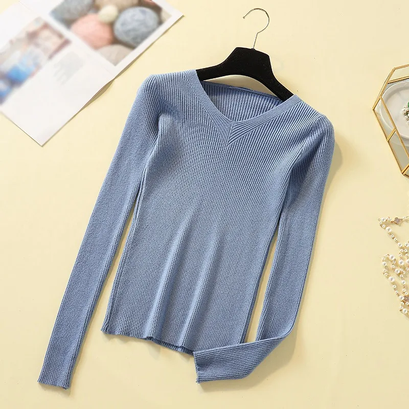 Women Sweaters Solid Color V-neck Female Sweater Ladies Long Sleeve Slim Knitted Pullovers Tops Casual Autumn Winter Sweaters