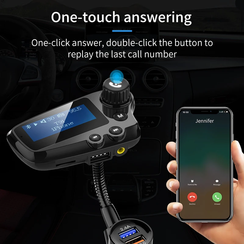 YIBEIKApantalla grande transmisor FM inalabmbrico coche kit manos libres Bluetooth coche MP3 audio con doble carga USB для Xiaomi