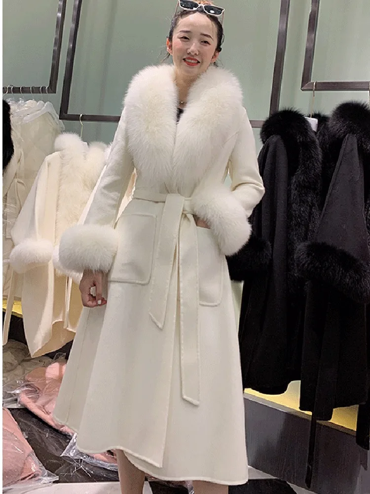 Warm Autumn Winter Elegant Beige Woollen Real Fox Fur Long Mara Coat Jacket Warm Autumn Winter Elegant Beige Woollen Real Fox Fur Long Mara Coat Jacket