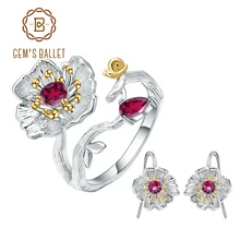 GEM'S балет, натуральный гранат розы, элегантное винтажное цветочное кольцо, серьги, набор, 925 пробы, серебро, ручной работы, набор, для женщин, хорошее ювелирное изделие