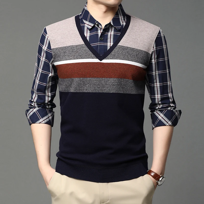 

2020 High End New Fashion Brand Designer Striped Knit Fake Two Shirt Collar Sweater V Men Pullover Casual Jumper Mens Clothes