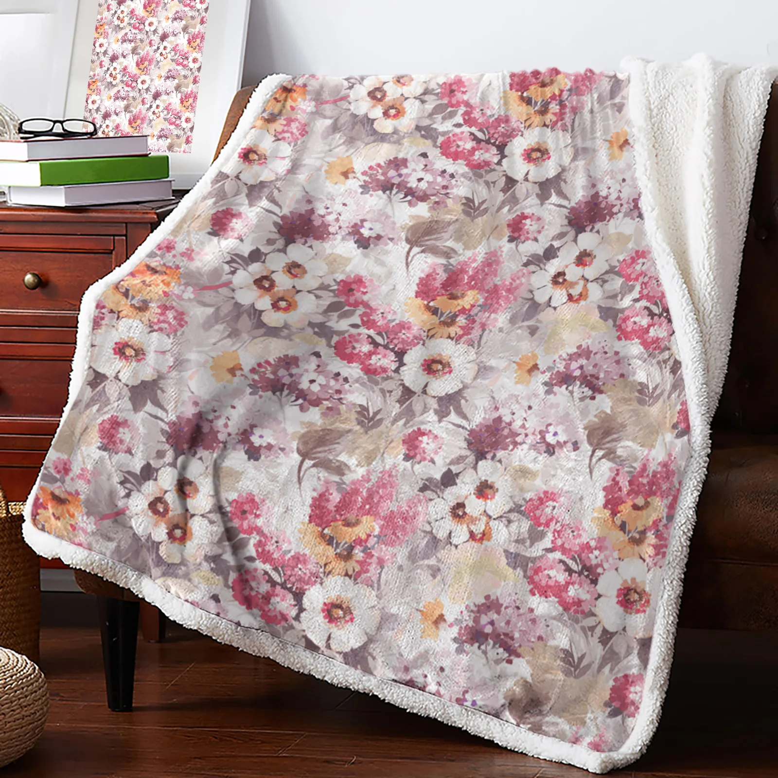 Winter Cashmere Blanket Spring Texture Watercolor Flower Hydrangea Lamb Flannel Blanket Warm