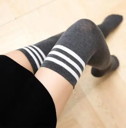 4 Colors Three-Bar Striped Socks Gilr Knee High Socks Cotton Non-Slip Sweat-Absorbing Deodorant Thigh Overknee Long Socks Women 2