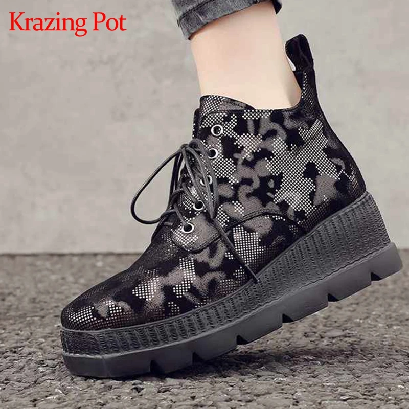 

krazing pot patterns sheep leather platform motorcycle boots round toe wedges thick bottom streetwear leisure ankle boots l6f2