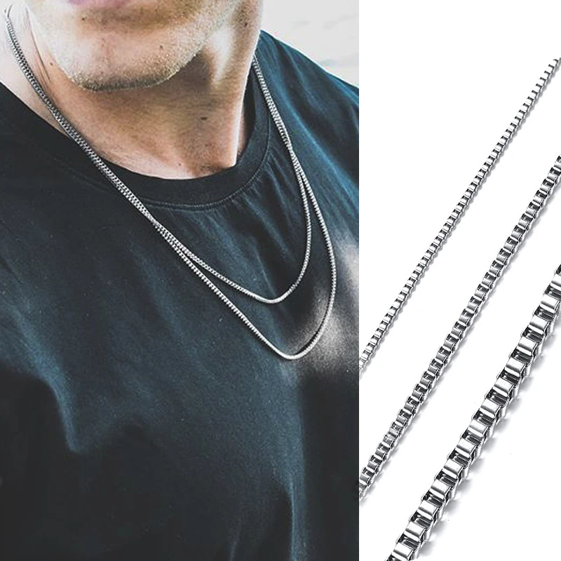 Stainless Steel Necklace Metal Necklace Mens Thin Box Chain Necklace 1/2/3MM Stainless Steel Chain Link Collars 18 to 24 Inch Gifts