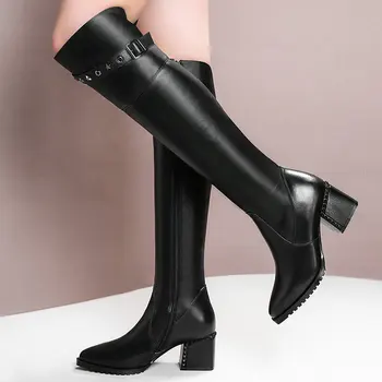 

Luxury Genuine Leather Square Heel Knee High Boots Woman Fashion Buckle Pointed Toe Motorcycle Boots Female Winter Warm Boots