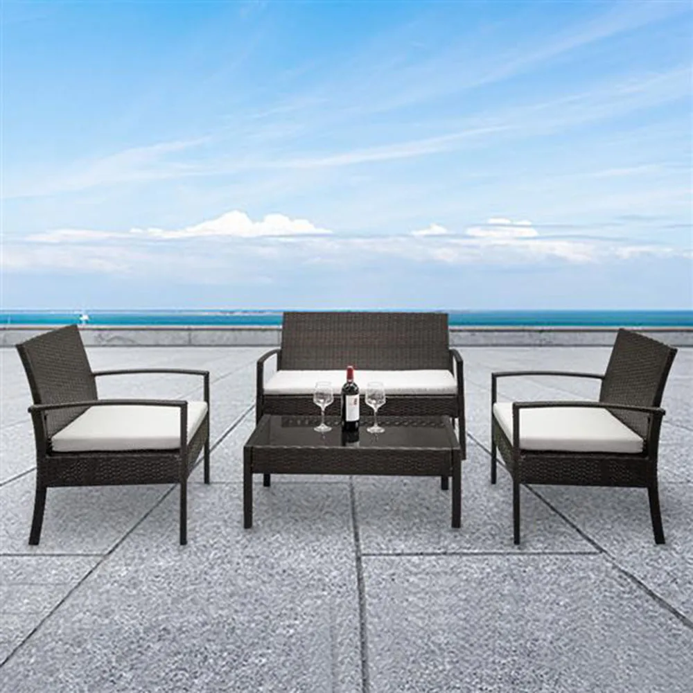 

2pcs Arm Chairs 1pc Love Seat & Tempered Glass Coffee Table Rattan Sofa Set Brown Gradient