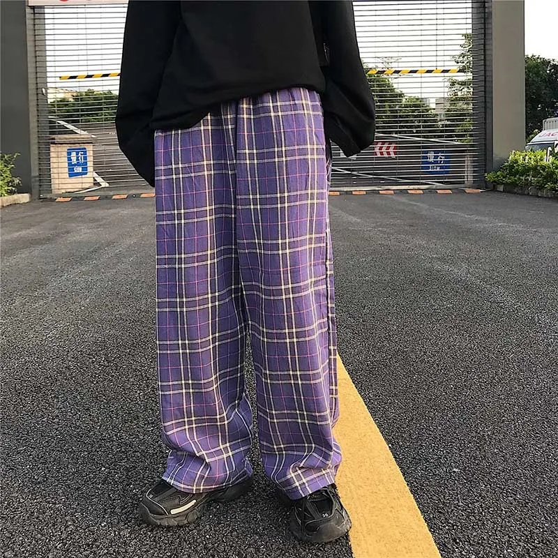 NiceMix harajuku клетчатые эластичные брюки с высокой талией осень wo мужские уличные хип хоп прямые брюки повседневные брюки