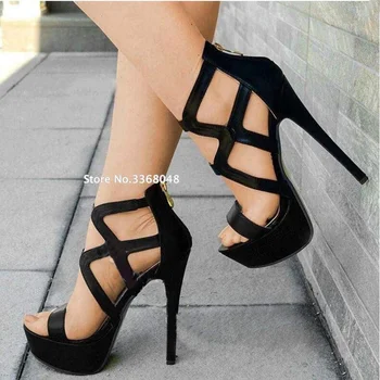 

2019 Ladies Fashion Sandals Platform Sexy Hollow Out Black Shoes Female Summer Zipper High Heels Zapatos Mujer Drop Shipping
