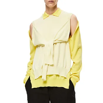 

Irregular Faux 2 Pieces Womens Sweaters 2020 Spring Turn Down Collar Long Sleeve Yellow Pullover Knitted Jumpers Sueter Mujer