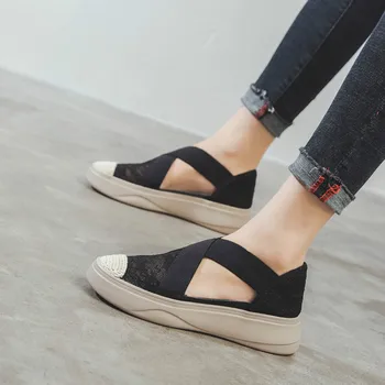 

2020 summer new women's shoes hollow lace thick bottom casual large size ladies platform sneakers elastic band vulcanize shoe
