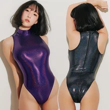 Lunamy, сексуальные блестящие боди с высоким воротником, Цельный купальник для женщин, блестящие купальные костюмы, женский купальник с высоким вырезом