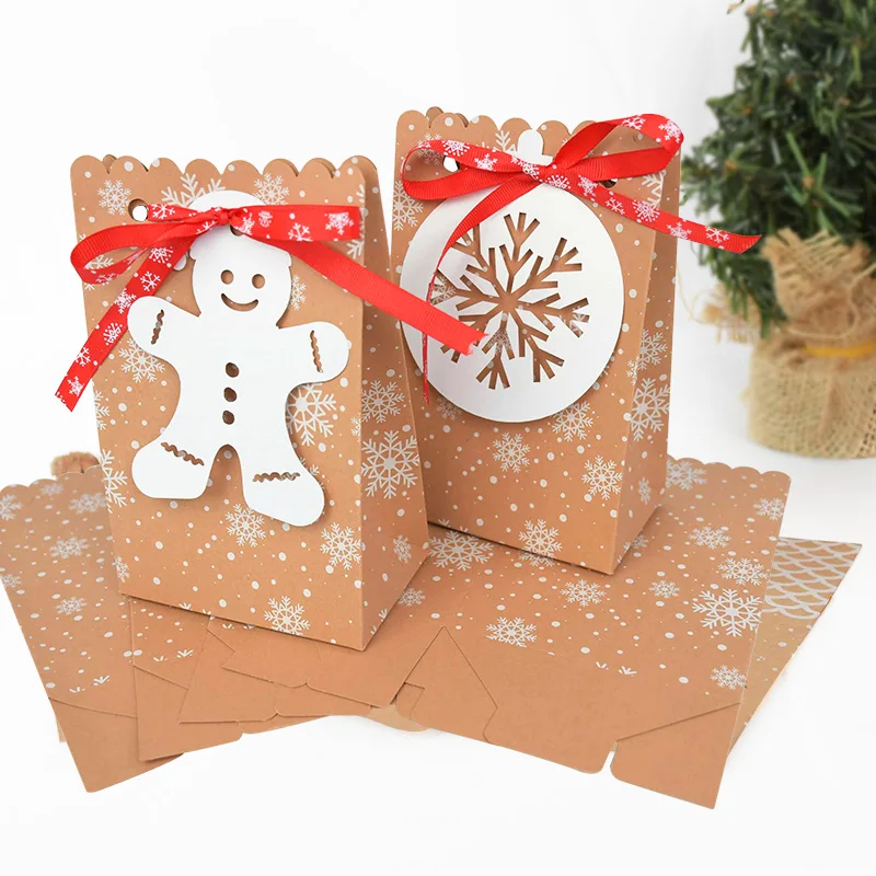 12pcs Merry Christmas Candy Box With Christmas Snowflake Tags Kraft Paper Gift Packaging Boxes New Year Xmas Party Home Ornament