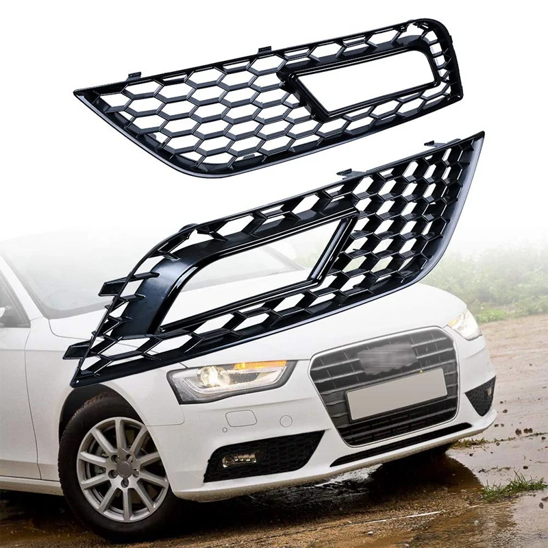 

2X RS4 Style Front Bumper Lower Grille Fog Light Grill Compatible with 2013-2016 Audi A4 B8.5 (Black Grille+Cover)