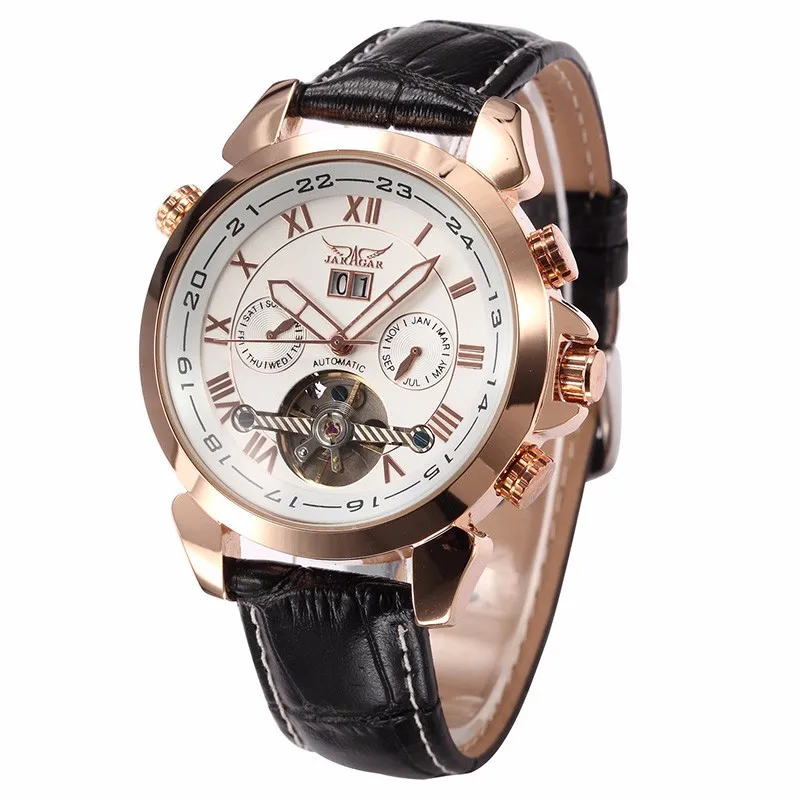 Ceny Moda JARAGAR męska marka zegarki data skóra Tourbillon koło zamachowe Auto mechaniczne mężczyźni Watche zegarek pudełko