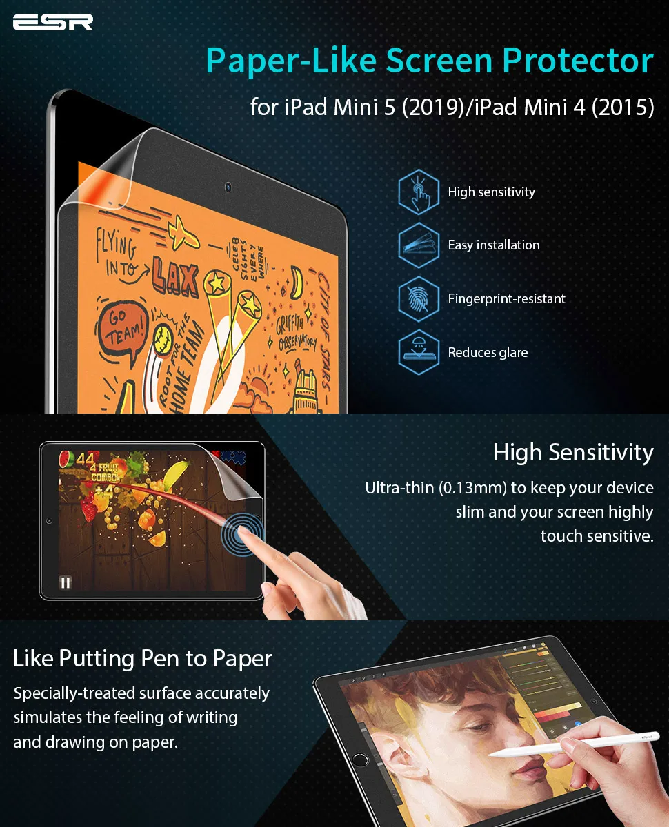 ESR бумажная защитная пленка матовая ПЭТ с антибликовым покрытием для Apple iPad 7 9,7 Pro 10,2 10,5 12,9 дюйма mini 1 2 3 4 5