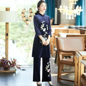 

Two Piece Set Top and Pants Velvet Vintage Embroidered Woman Clothes Autumn Stand collar 3/4 sleeve Top + Wide Leg Pants