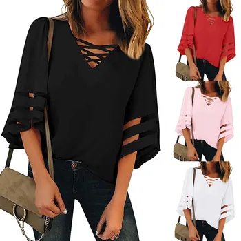 

Blouse 2019Top New Women Fashion V Neck Mesh Panel Blouse 3/4 Bell Sleeve Casual Loose Top Shirt For Women Clothes Top