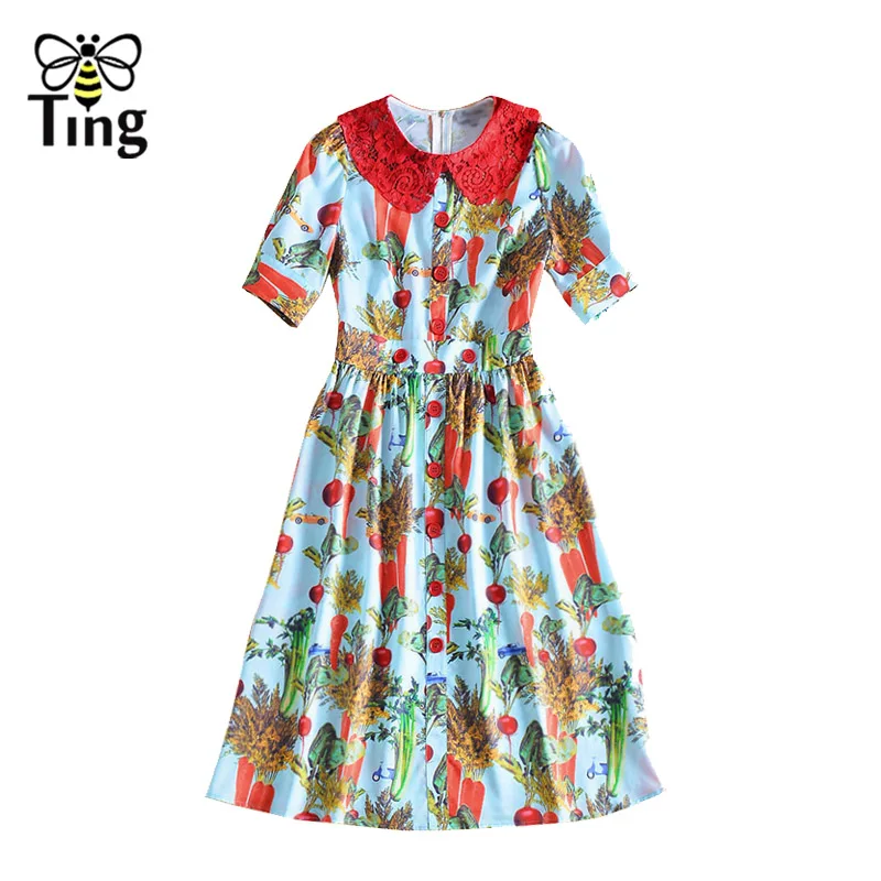 as picture Tingfly Designer Lace Turn Down Collar Floral Dress Women Lady Vintage Elegant Work Dress with Button Casual Summer Vestidos Chi - Цвет: as picture