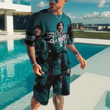 Korean popular film squid printed T-shirt, beach shorts, youth t-shirt, round neck suit, casual sportswear