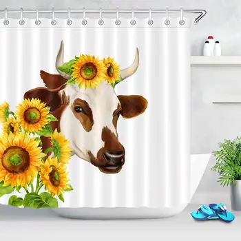 

Farm Animal Cow Shower Curtain Rustic Farmhouse Home Decor Sunflower Watercolor Creative Fabric Bathroom Curtain Set With Hooks