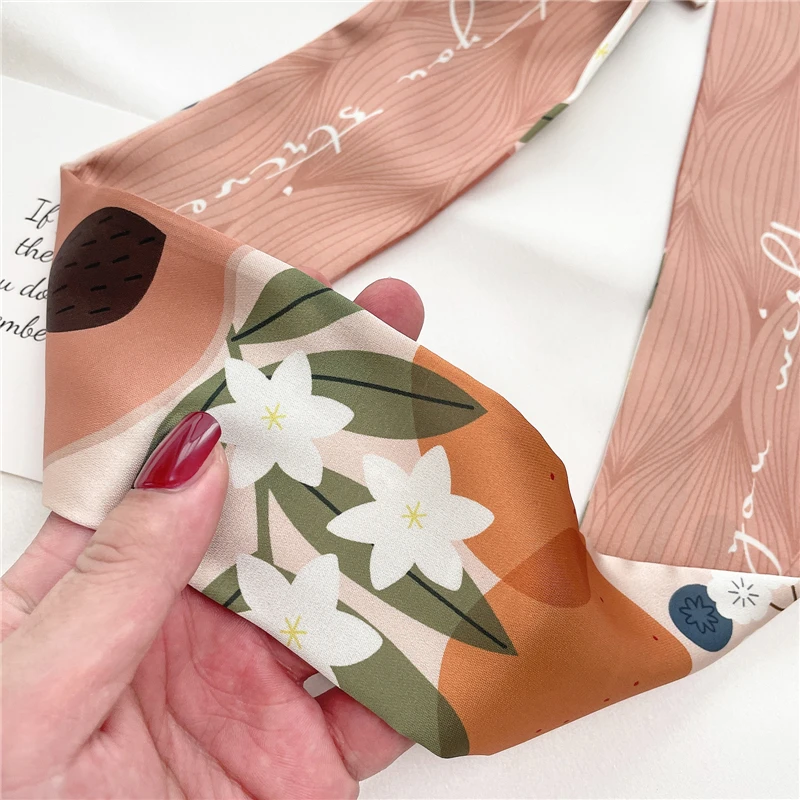 Print Skinny Ribbon Scarf for Women Hair Tie Bag Bandana Headband Silk Satin Accessories Girl Fashion Belt Wrist Neckerchief New pearl hair clip