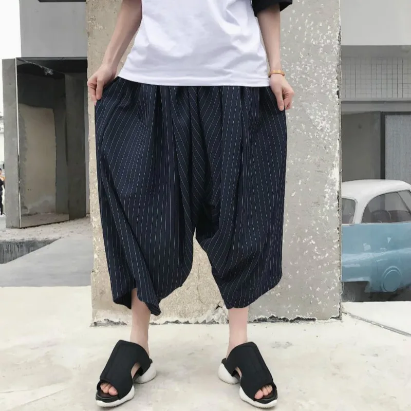 

New Summer Style Striped Harem Pants Men's Special Loose Personality Thin Section Wide Leg Pants Hairstylist Tide Radish Pants
