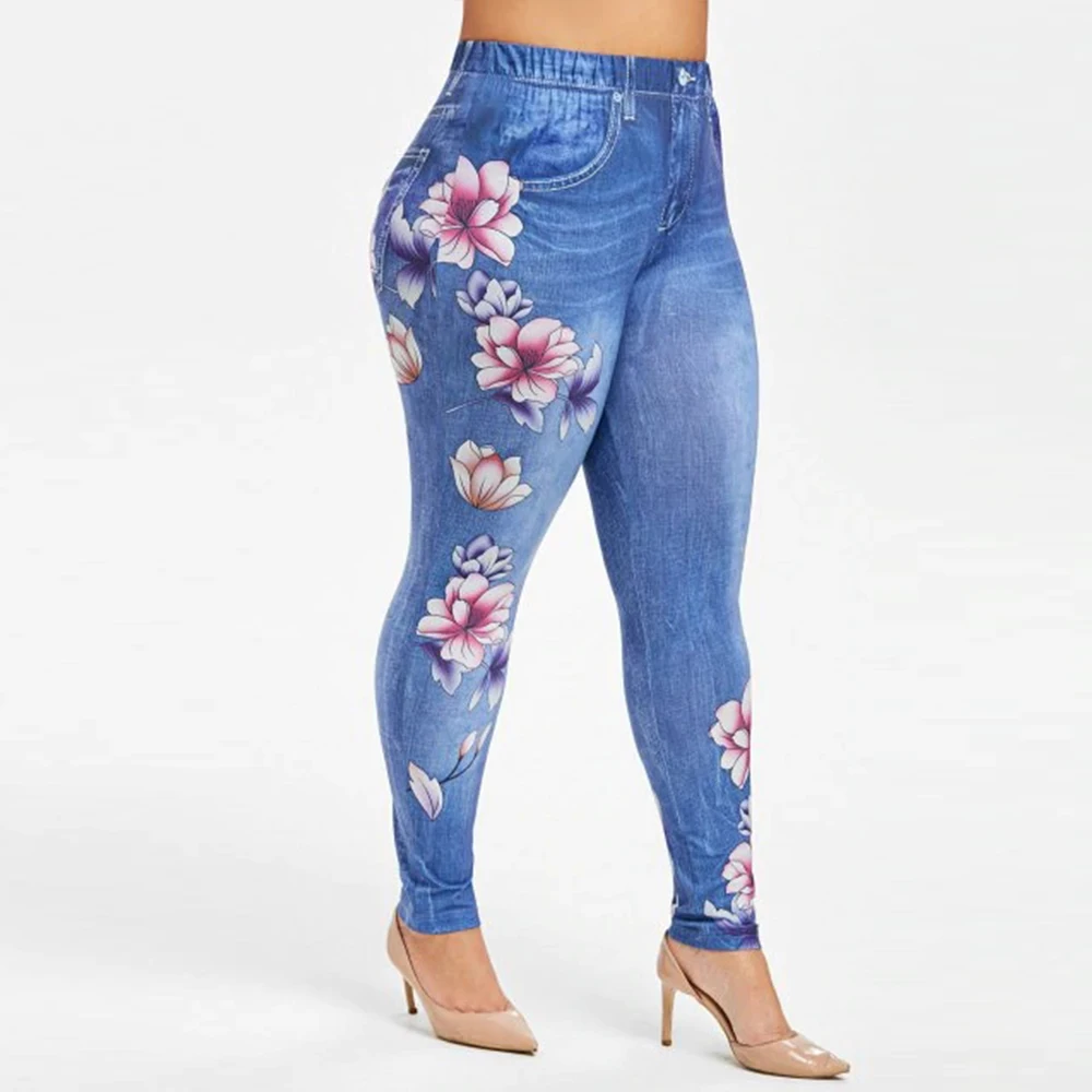 6XL размера плюс, женские длинные штаны с цветочным принтом, имитация джинсовой ткани, дамские колготки на молнии, женские штаны, spodnie damskie, уличная одежда D30