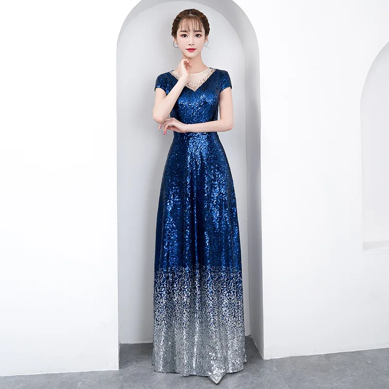

Sparkling Sequin Evening Gowns Blue A Line Floor Length Formal Party Vestidos O-Neck Short Sleeve Elegant Women Prom Dress K228
