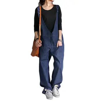 

Women Strap Denim Rompers Spring Autumn Overalls Bib Jumpsuits Suspenders Jeans Loose Wide Leg Pants Dungarees Playsuit Fashion