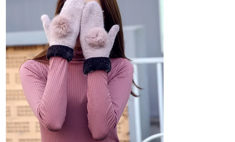 Зимние шерстяные женские теплые перчатки с кроличьим меховым шаром двойные толстые теплые варежки теплые перчатки Зимние перчатки женские