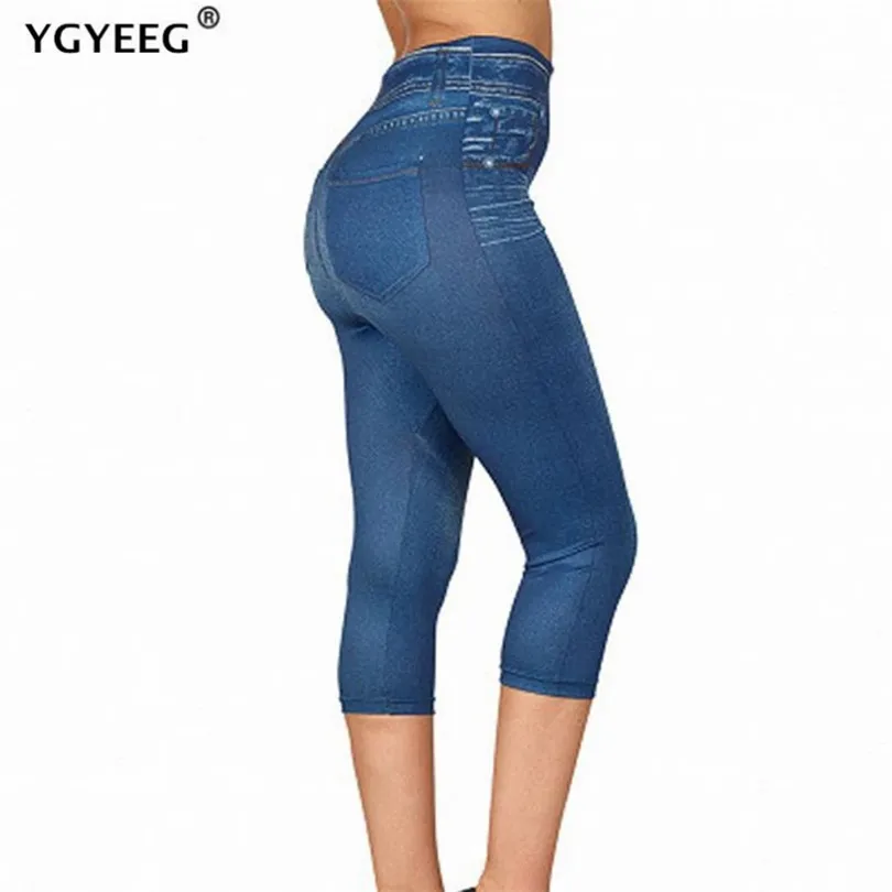 Ygyeeg New Slim Faux Jeans Leggings Donna Leggings Corti Stampati Elasticizzati Pantaloni Al Polpaccio Pantaloni Estivi Vita Alta Jeggings