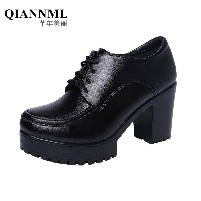Plus Size 32-43 Block Heels Leather Shoes Deep Pumps Women Oxford Shoe 2022 Fall Winter High Heel Shoes with Fur  Platform Shoes