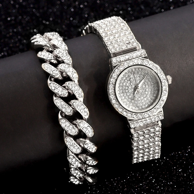 Iced Out Rose Gold Silver Color Watch Women's Luxury Rhinestone Cuban Chain Bracelet Watches Fashion Wrist Watch Hip Hop Jewelry 