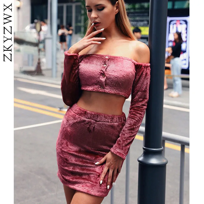 

ZKYZWX Plush Two Piece Set Off Shoulder Long Sleeve Button Crop Top and Mini Skirt Women Set Sexy Clubwear Party 2 Piece Outfits