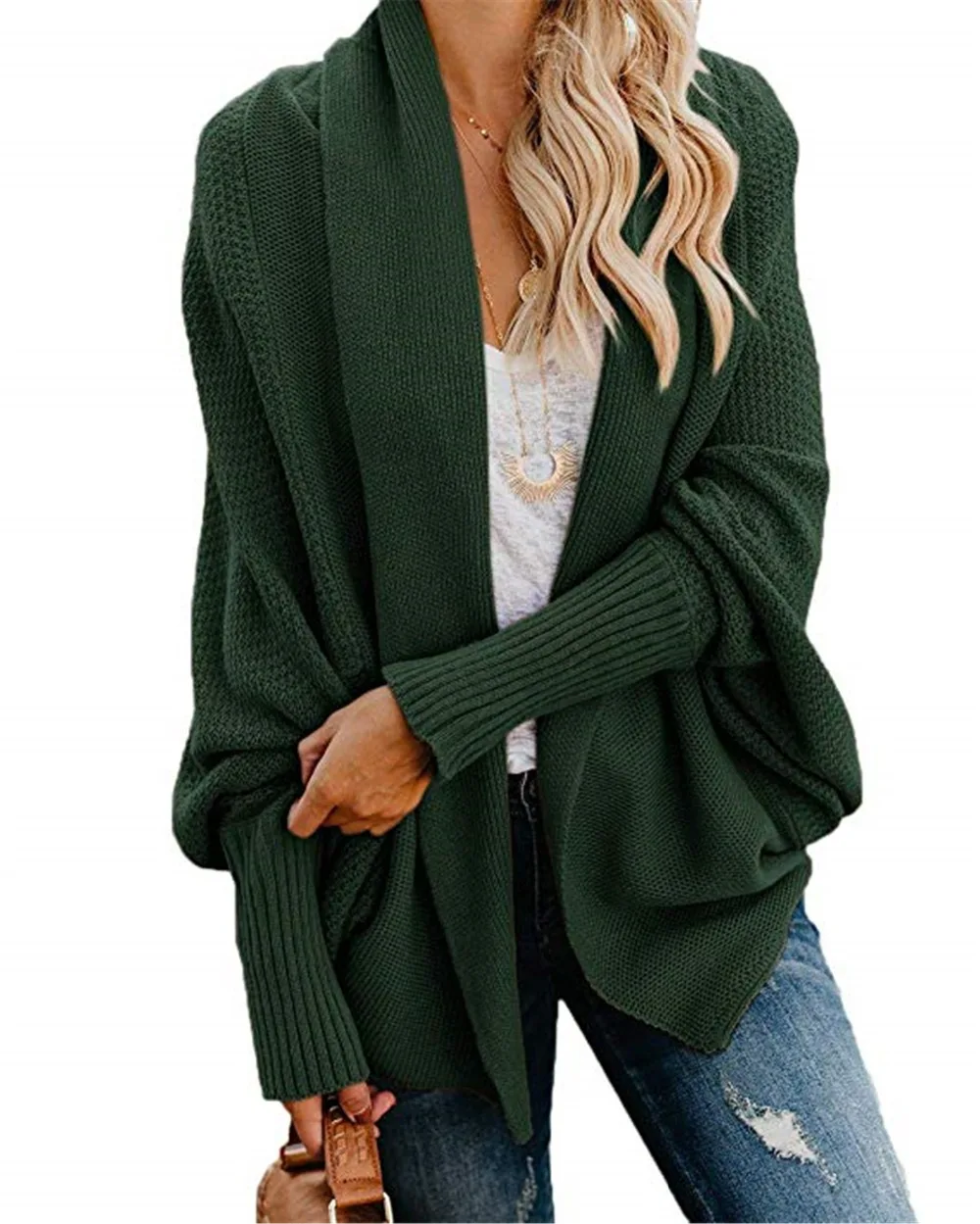Autumn Winter Sweater Women Fashion Long Sleeve Knit Batwing Sleeve Cardigan Ladies V Neck Solid Casual Long Coat Femme Clothing