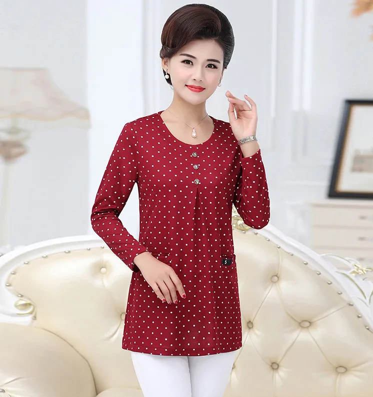 

polka dot t-shirts long sleeves women tops spring fall new casual plus size middle age mother pullover bottoming shirt femme tee