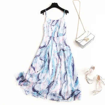

Women summer dress new 2020 geometric print chiffon a-line spaghetti strap sexy casual dresses blue