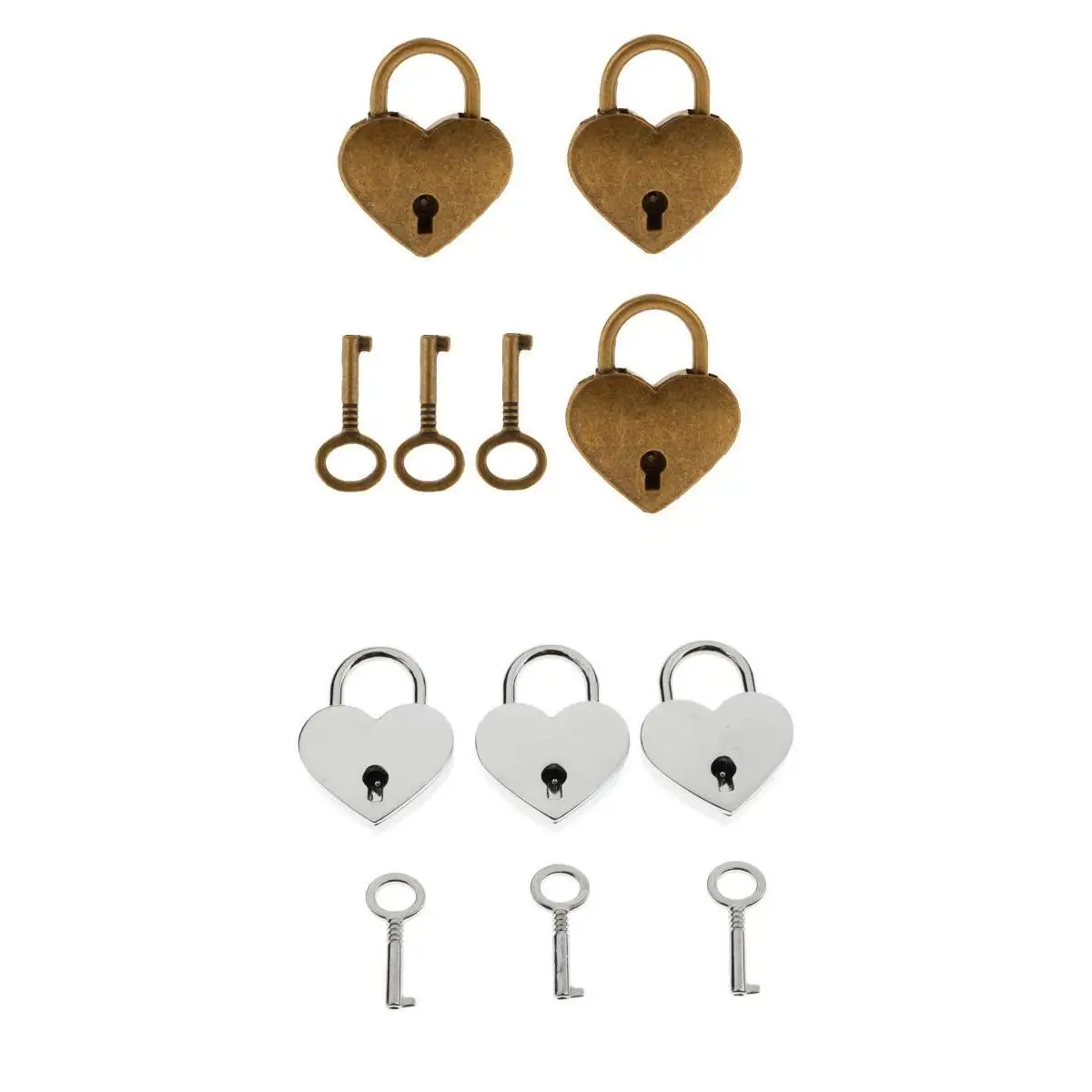 6x Mini Heart Shape Padlock With 6 Keys Suitcase Lock Silver&Antique Brass M