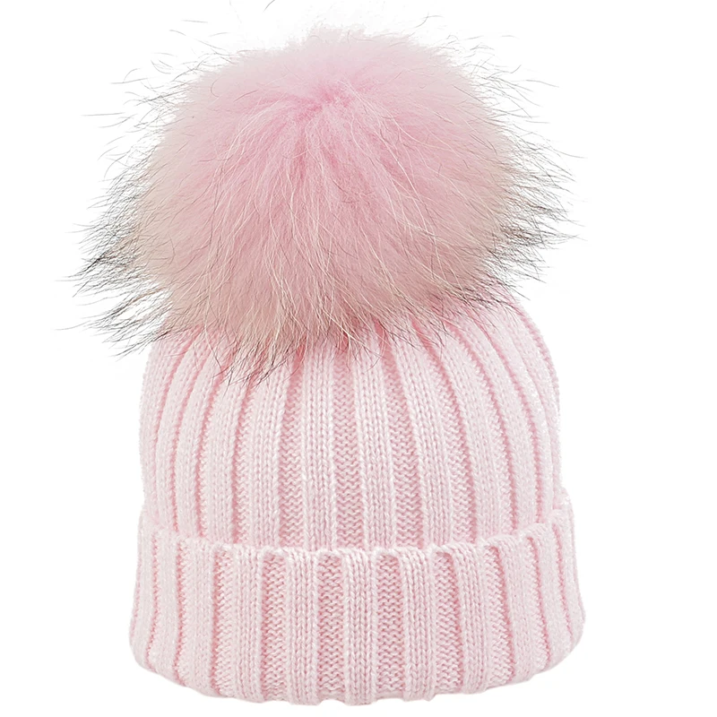 pink B Детская шапочка, шапка в рубчик с черепом, зимние осенние вязаные шапки для детей, теплые хлопковые шапки унисекс с помпоном из натурального меха для маленьких мальчиков и девочек - Цвет: pink B