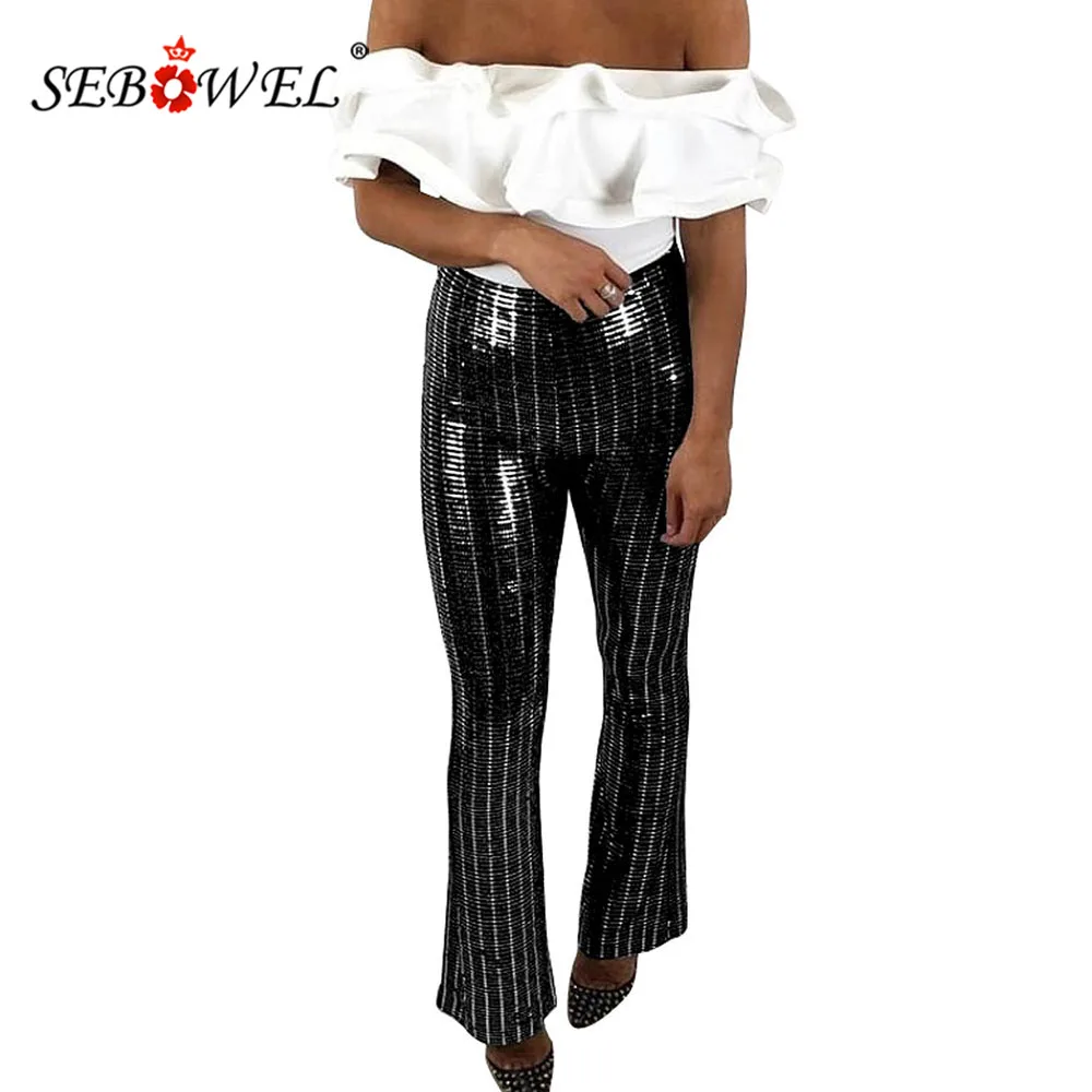 SEBOWEL Basic Hight Waist Woman Elastic Sequin Striped Pants Trousers Size S-XL Autumn Spring Female Ladies for Nightclub | Женская