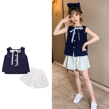 

Children Baby Girl Clothes Set Summer Navy Sleeveless T-Shirt Vest and Shorts Outfits Suit Korean Style Cool Clothes for Teens