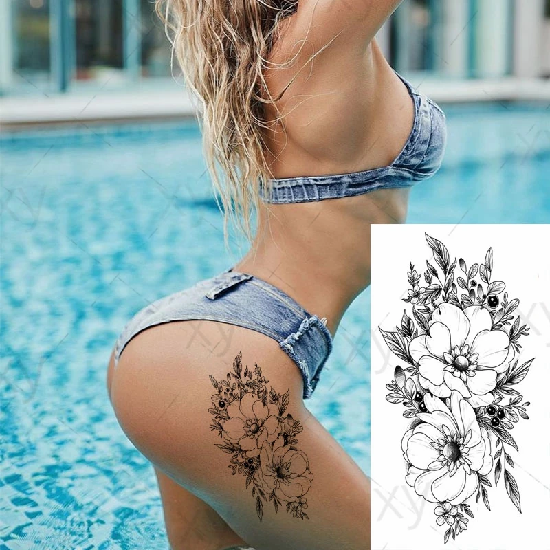 

Реалистичные сексуальные татуировки с пионами, временные женские, для взрослых, Цветочные наклейки на руку, водостойкие, искусственные цветочные, ищеечные татуировки для тела, ног