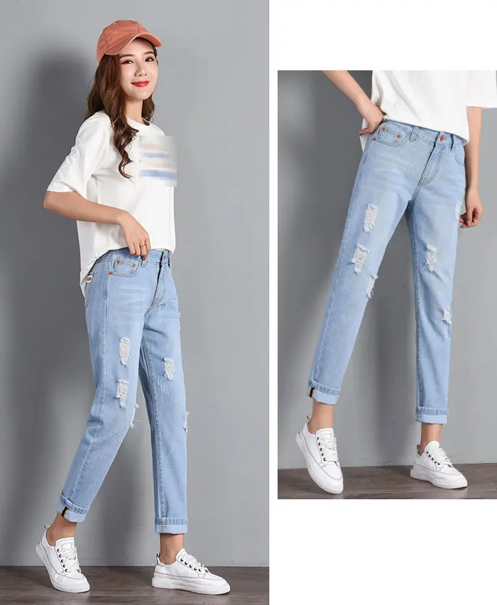 Ripped Hole Jeans For Women Female Autumn Winter Nine Pants New High Waist Slim Casual Ankle Length Zipper Fly Pencil Trousers