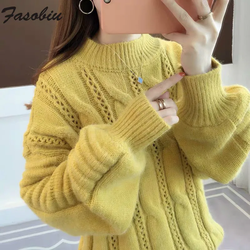 2019 Autumn Winter Women Knitted Sweaters Pullovers Turtleneck Long Sleeve Solid Color Female Loose Lantern Sweater | Женская одежда