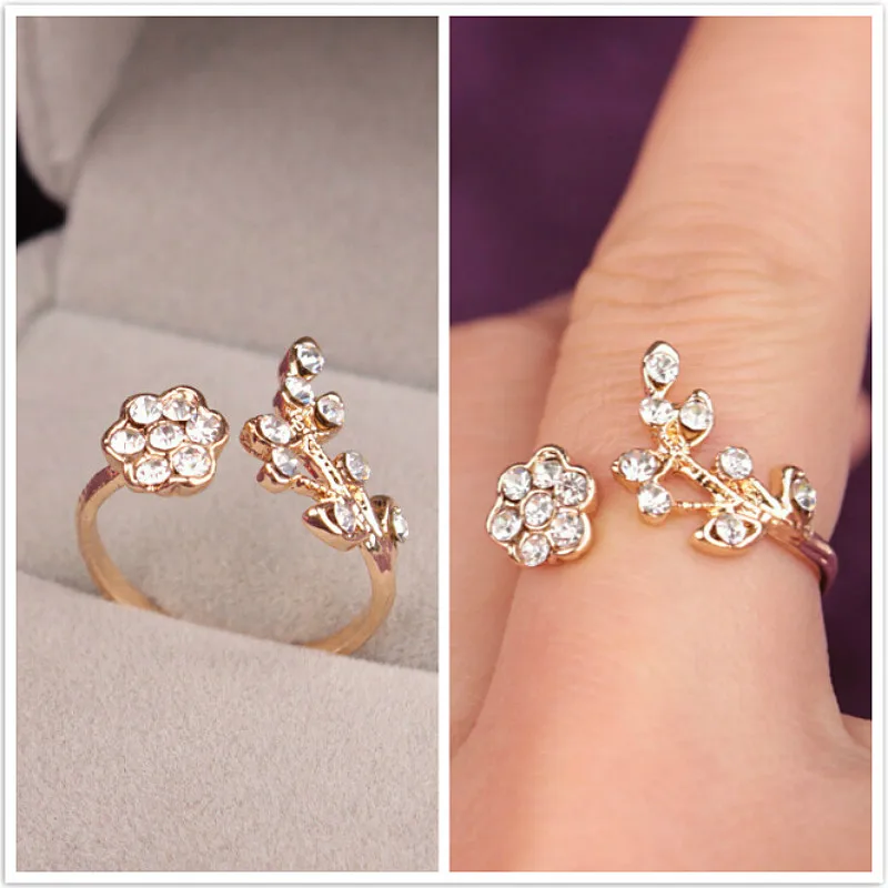 

Hot Sale Temperament Rhinestones Twisted Leaves Wishful Flowers Open Ring Index Finger Ring Unisex Rings